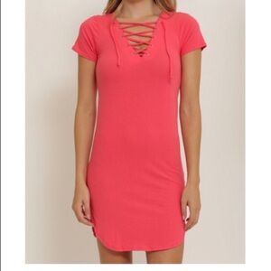 Coral Pink Lace Up Stretchy Midi Summer  Dress